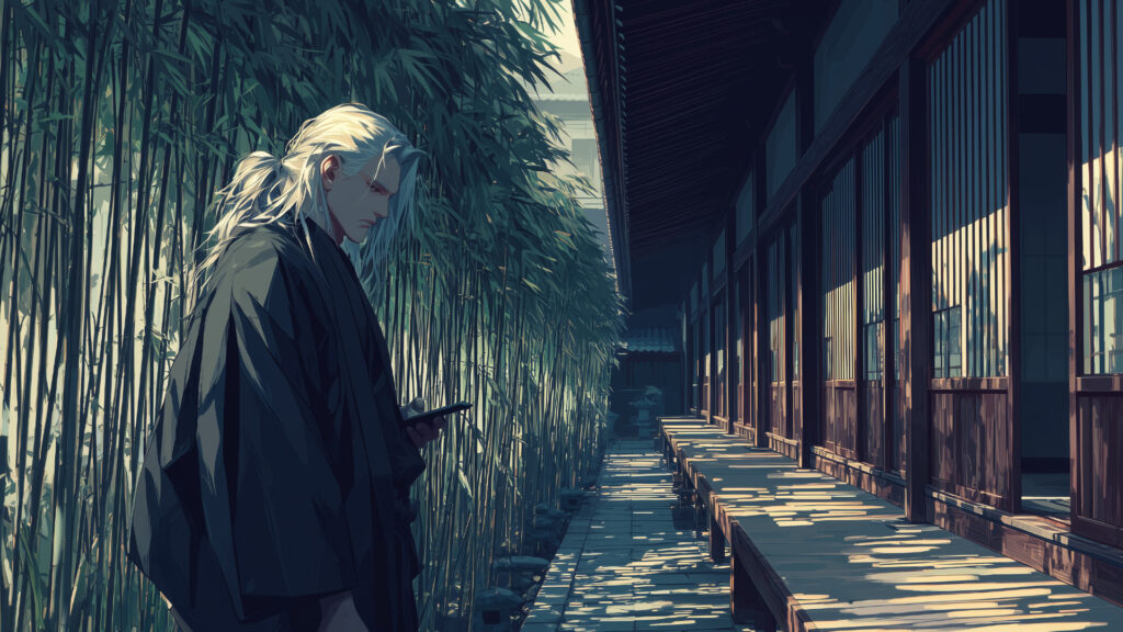 挿絵５
縁側　高埜木魂　スマホ見る
===