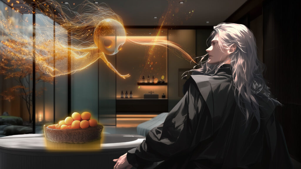 Illustration 2: Takano and the Loquat Spirit in dialogue