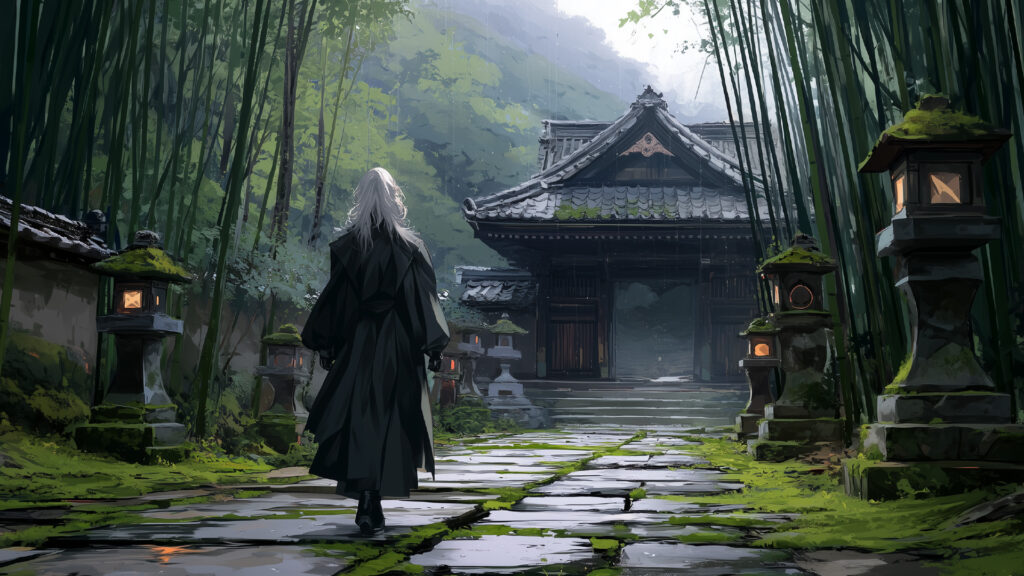 Illustration 2: Takano walking through the ancient temple grounds, from behind