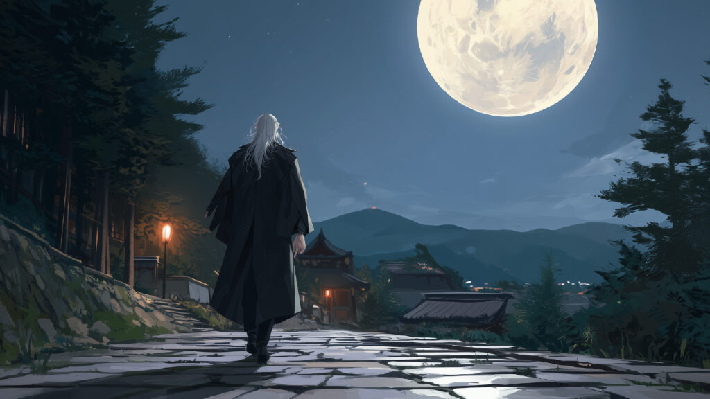 Illustration 8: Takano walking away beneath a great moon