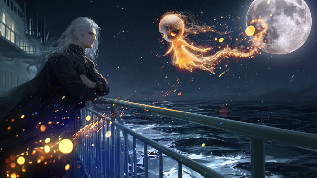 Illustration 5: Takano and the Loquat Spirit on the ferry deck