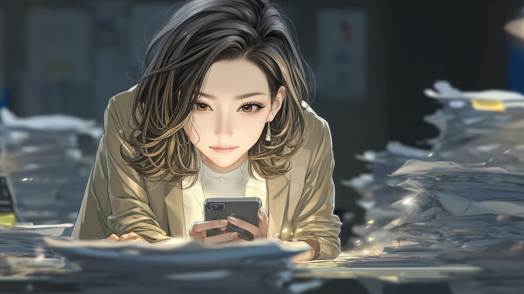 挿絵4
スマホのメッセージをじっと見つめる奈緒美
===