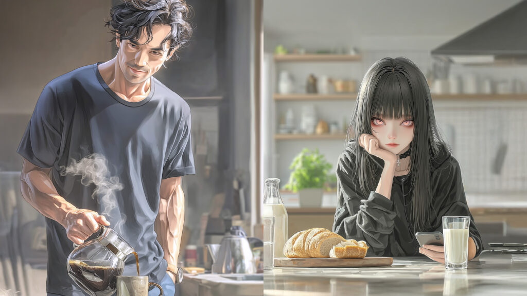 [Illustration 4: Kenichi and Airi at breakfast]