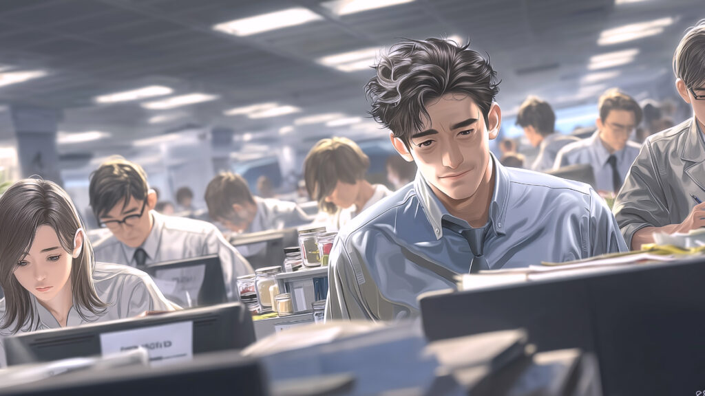 [Illustration 1: Staff working through the night in the office]