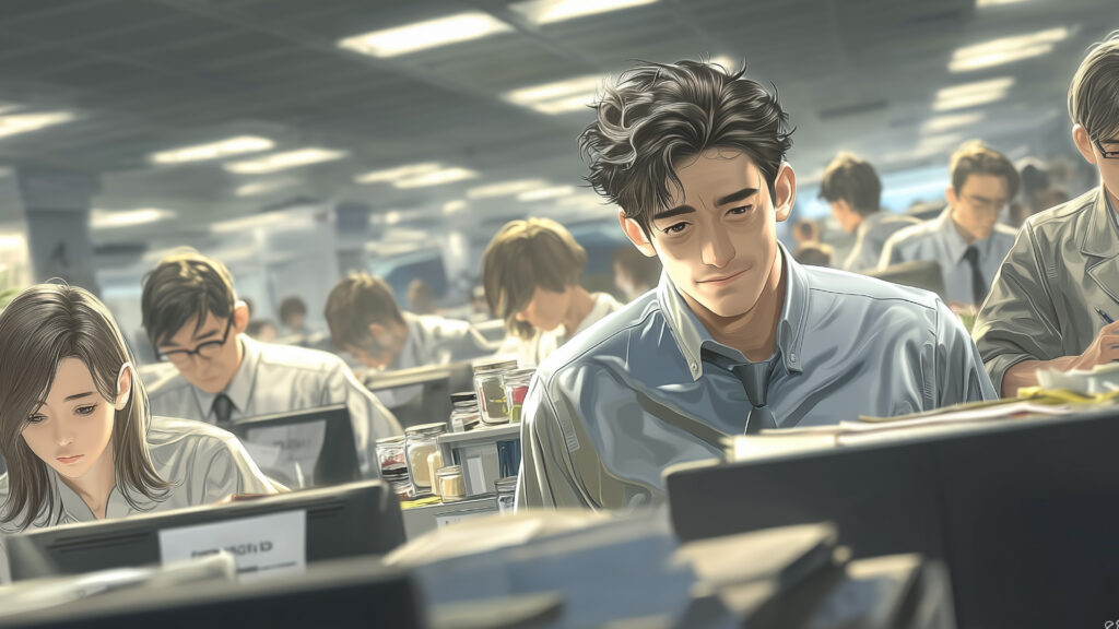 挿絵1
深夜まで頑張っている、オフィスのスタッフたち
===