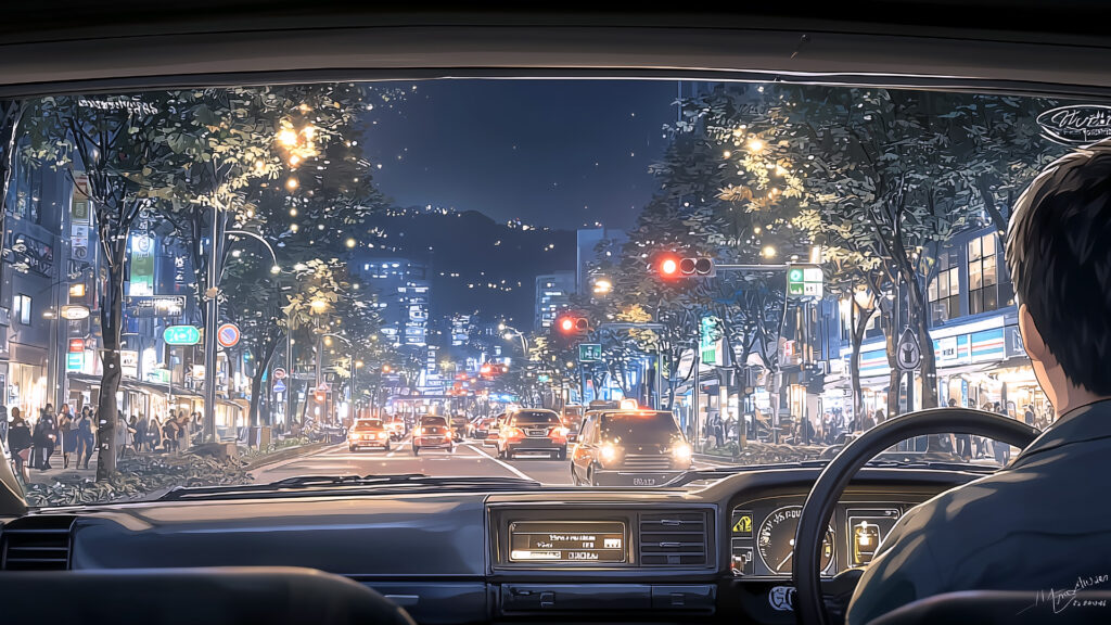 [Illustration 2: Naomi in a taxi heading home at night]