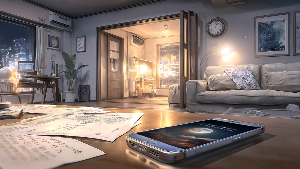 [Illustration 3: A message lighting up on Naomi’s phone]