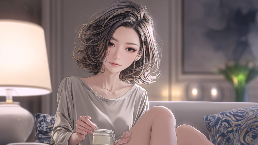 [Illustration 5: Naomi on the sofa, opening the cream jar]