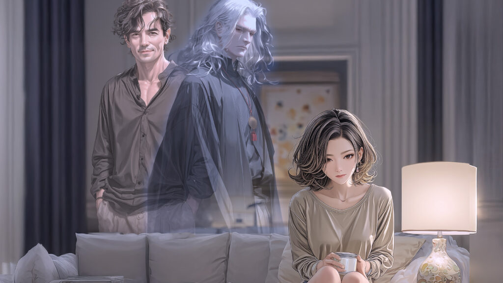 [Illustration 6: Kenichi overlapping the envisioned figure of Takano]