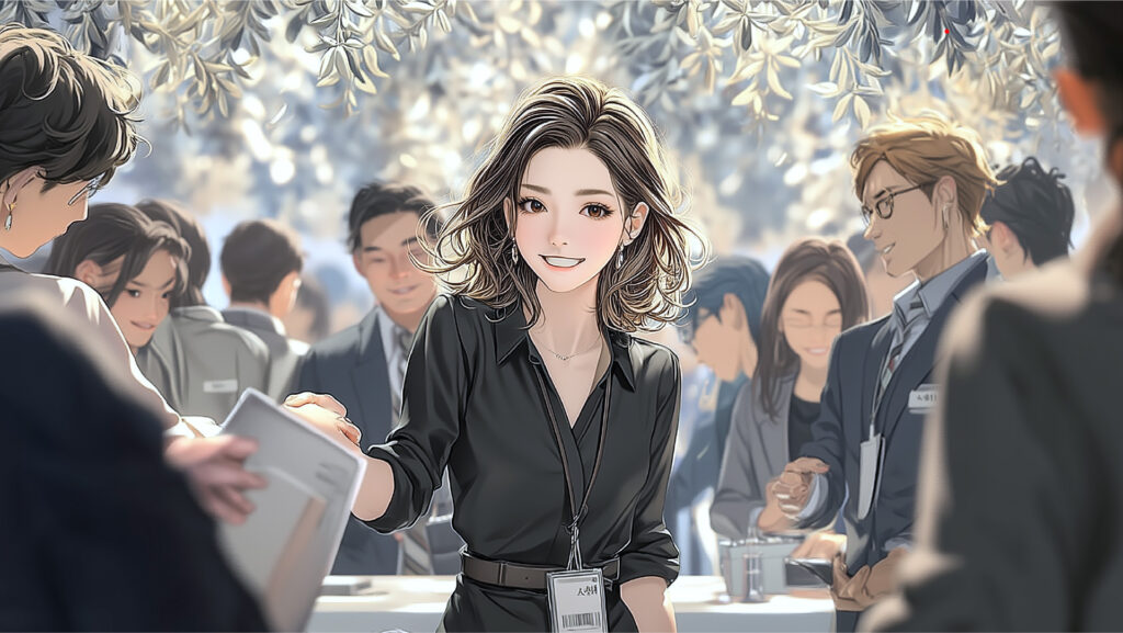 挿絵10
奈緒美の周りには、奈緒美と名刺交換を希望する人たちの列ができている
===