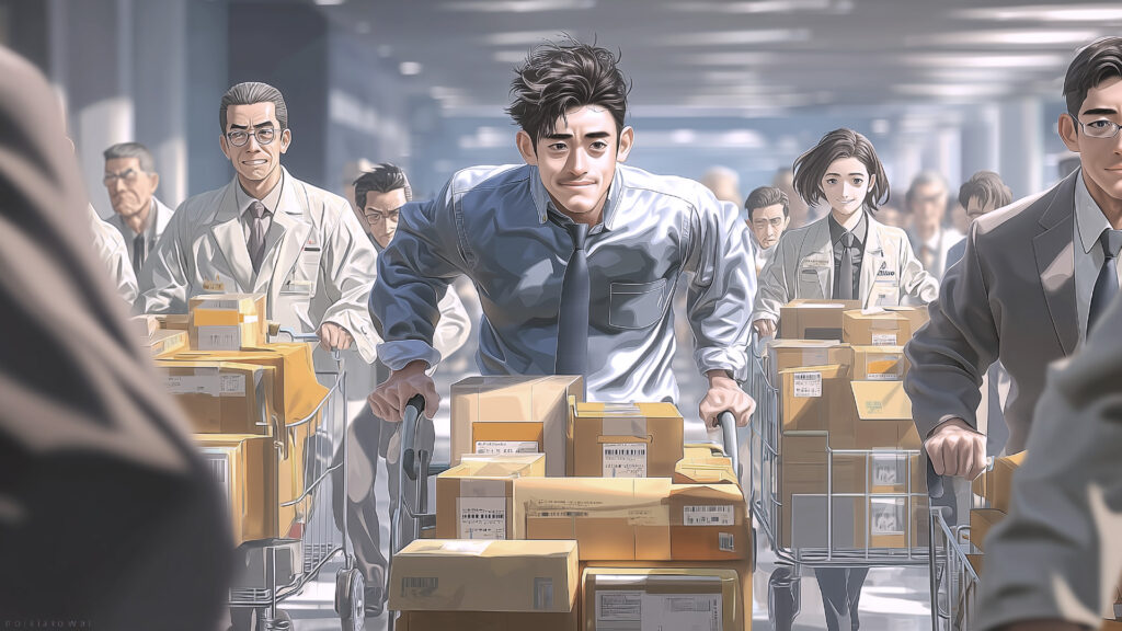 挿絵2
展示会場に、荷物を積んだ台車で駆け込む祐輔と研究室のスタッフ
===