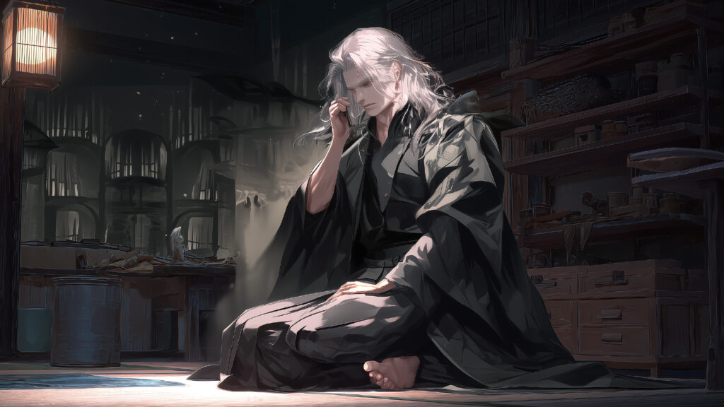 [Illustration 4: Takano speaking on the phone from his Kyoto atelier]