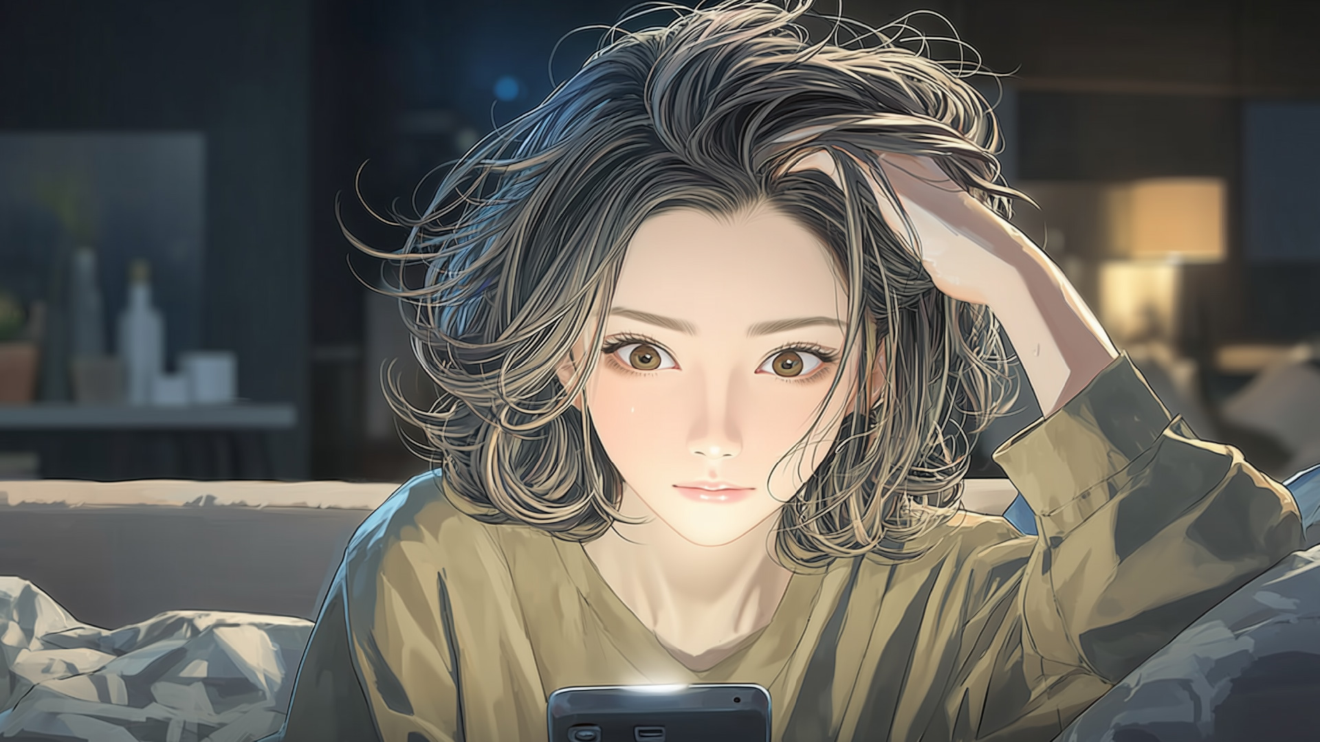 挿絵8
目覚めてスマホを確認する奈緒美
===