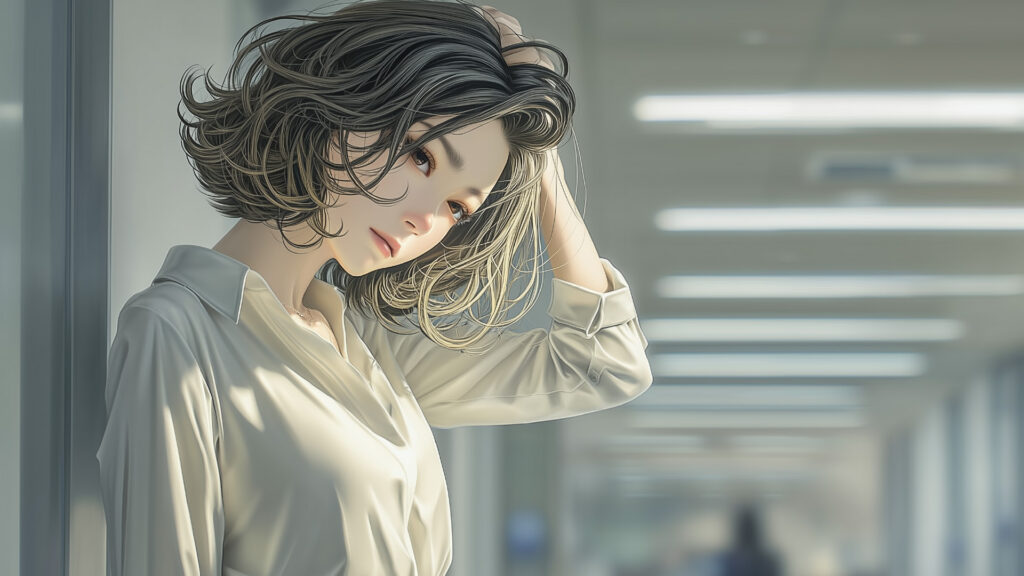 [Illustration 6: Naomi in the company corridor, adrift after leaving Hiraki’s office]