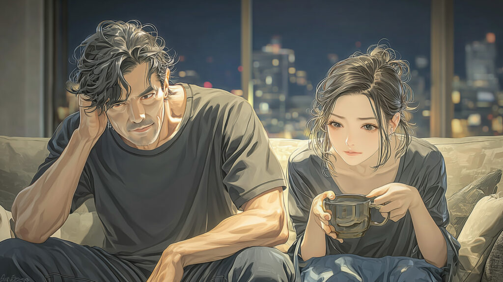 [Illustration 7: Naomi and Kenichi on the sofa, sharing a quiet moment]