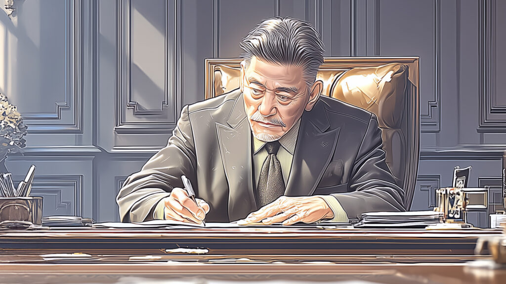 [Illustration 1: Morning in the executive office. Hiraki reviewing his notes]