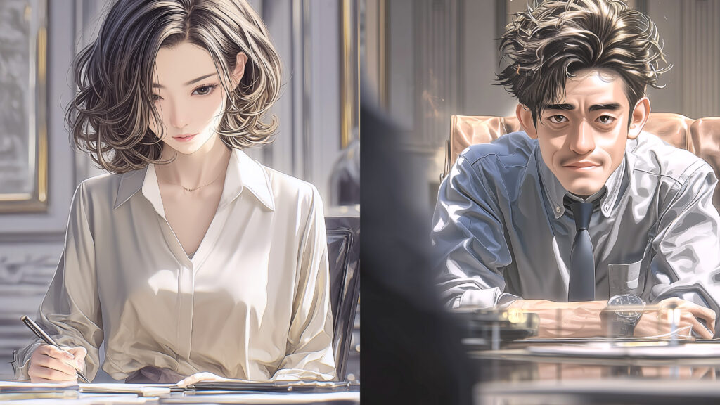 [Illustration 2: Naomi and Yusuke in the executive office]