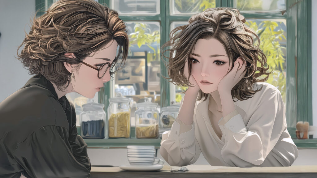 [Illustration 3: Naomi and Yuko speaking in the cafe]