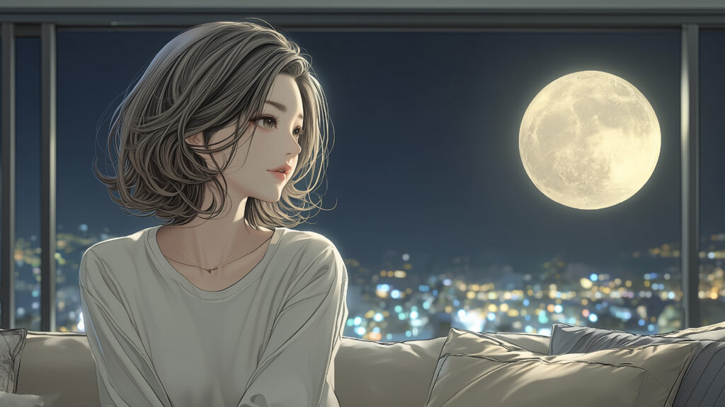 挿絵6
満月と奈緒美。月の光が奈緒美の顔を照らす。
===