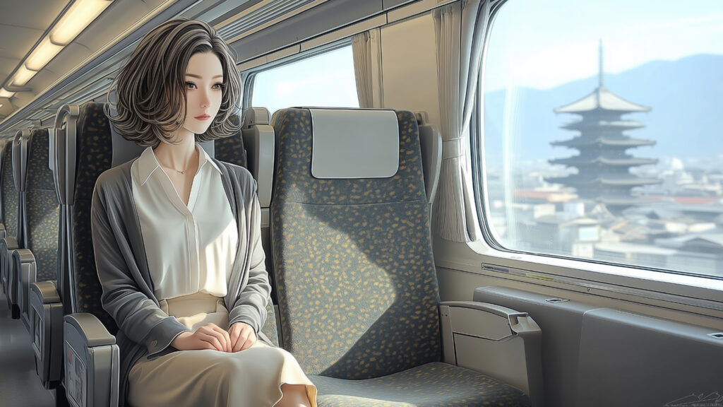 [Illustration 1: Naomi on the Shinkansen bound for Kyoto]