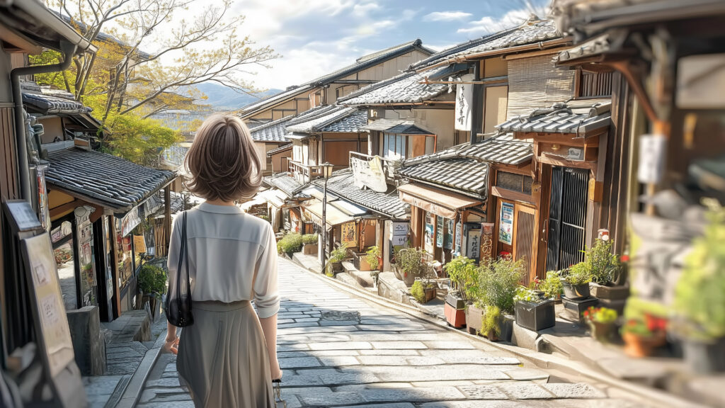[Illustration 2: Naomi walking through the streets of Kyoto]