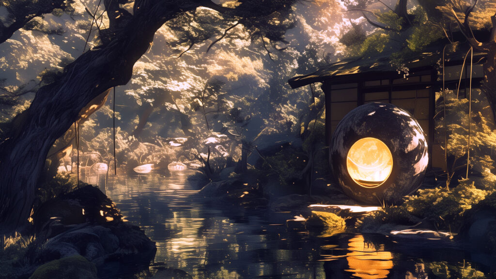 [Illustration 4: The courtyard of Shisui, lantern glowing like a full moon]