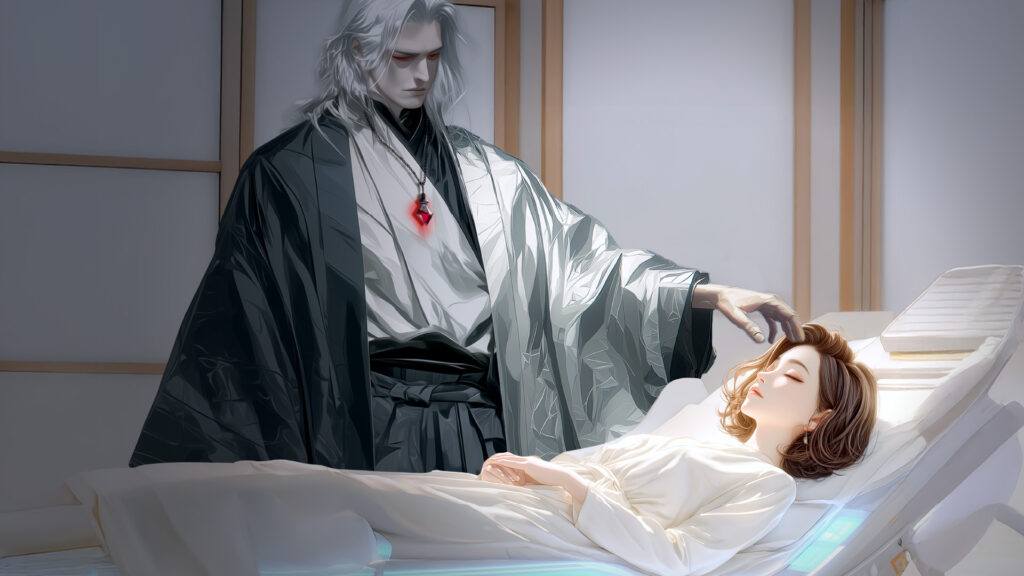 [Illustration 6: Naomi lying on the futuristic treatment bed]