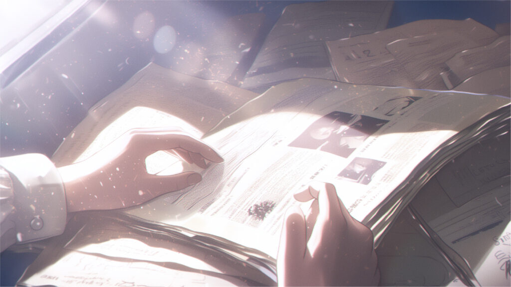 挿絵1
奈緒美が高埜木魂にもらった資料を読み始める
===