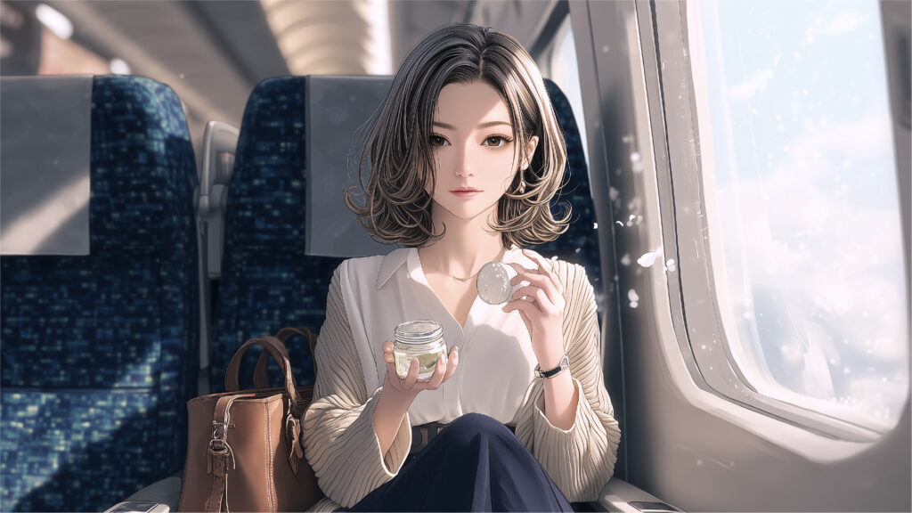 [Illustration 3: Naomi opening the cream jar on the train]