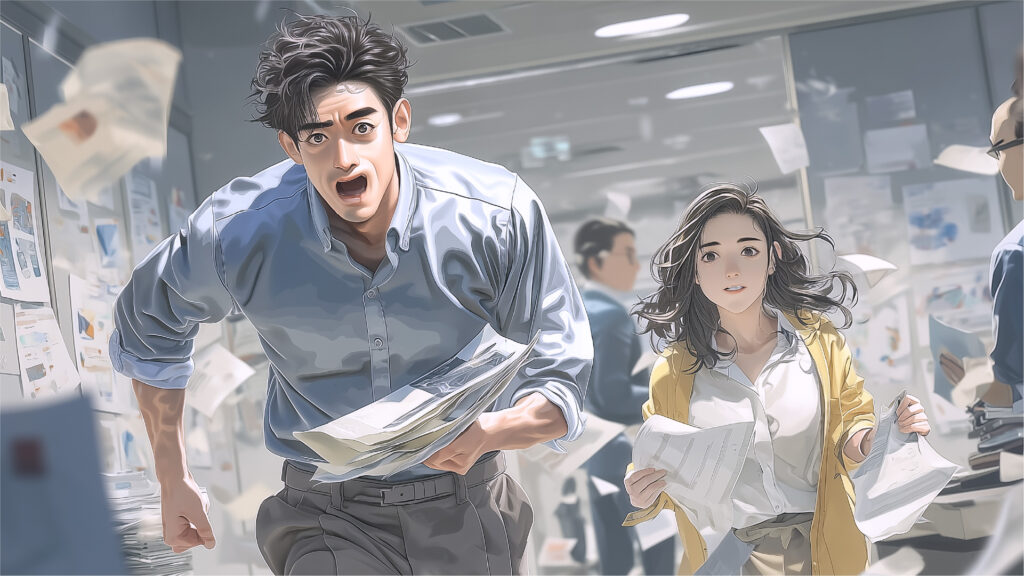 [Illustration 4: Yusuke rushing in with files]