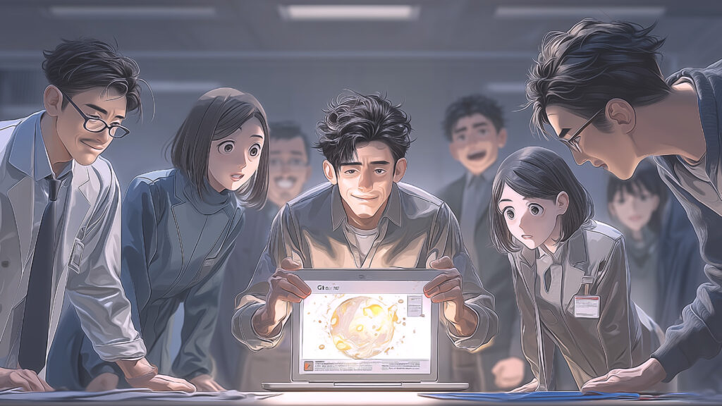 挿絵6
祐輔がノートパソコンを開いて、書類を皆に見せている
===