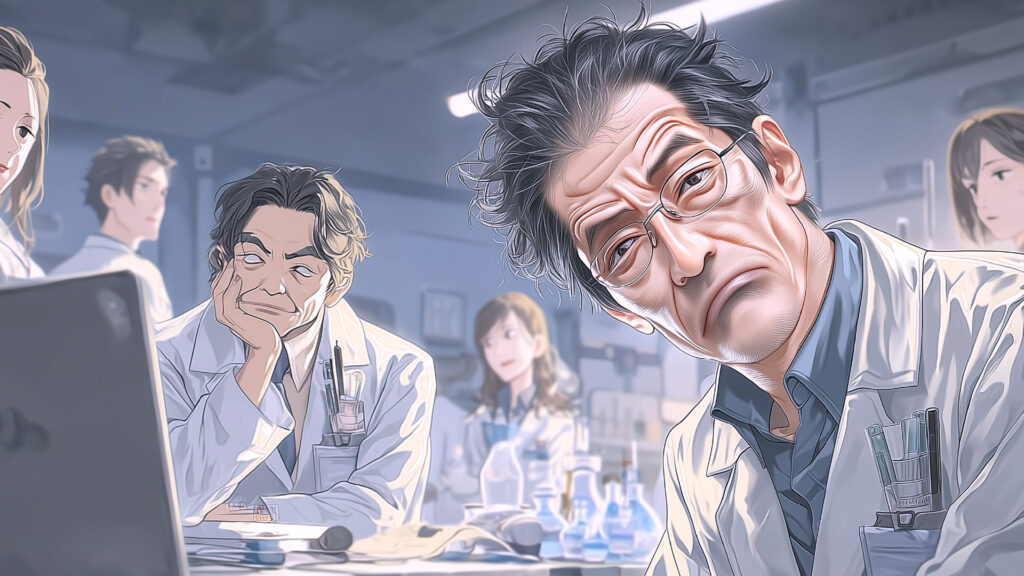 挿絵7
研究室のスタッフたちが懐疑的な表情でこちらを見ている
===