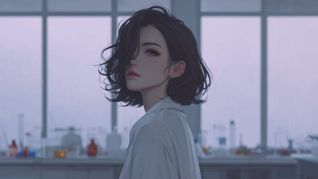 挿絵8
途方に暮れた奈緒美が研究室で一人立つ
===