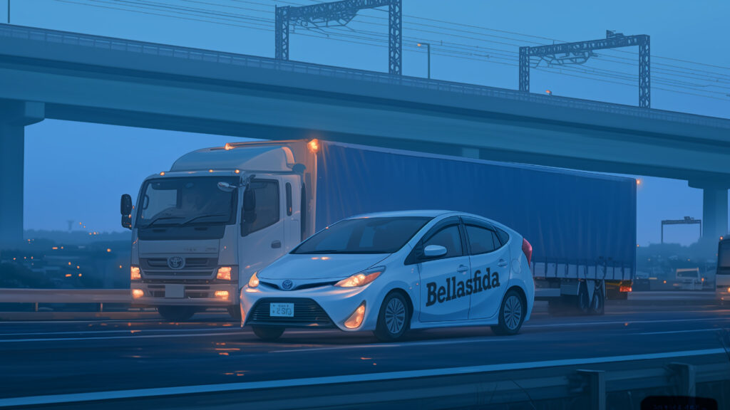 [Illustration 3: Bellasfida’s car — Yusuke driving through the night to Kyoto]