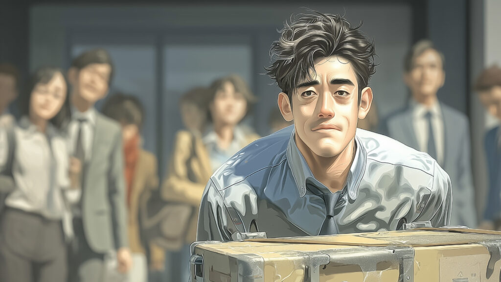 [Illustration 4: Yusuke returning to Tokyo, carrying the box inside]