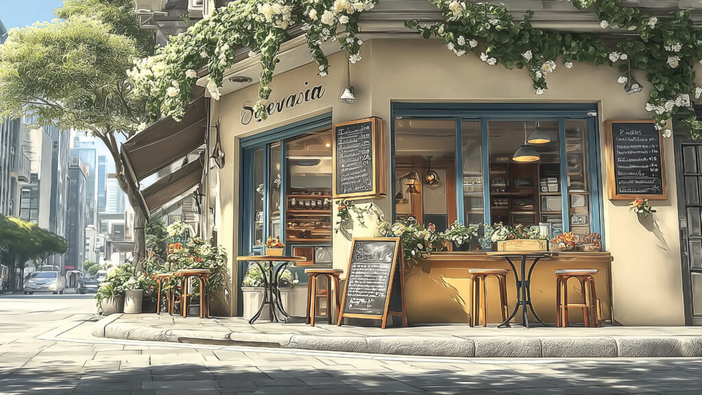 [Illustration 2: Exterior of Caffè Serenità]