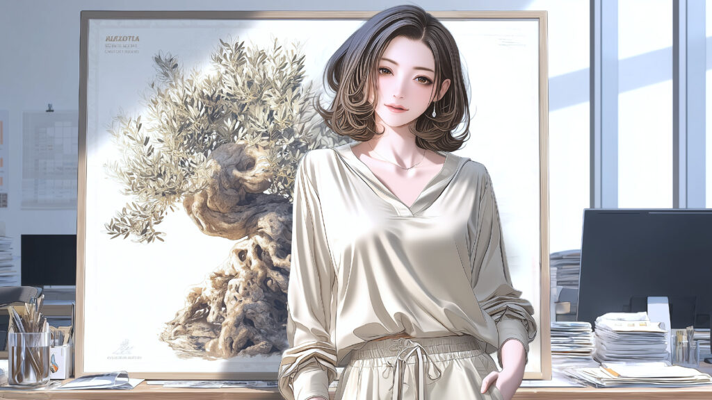 [Illustration 1: Naomi standing by the office poster of the olive tree]