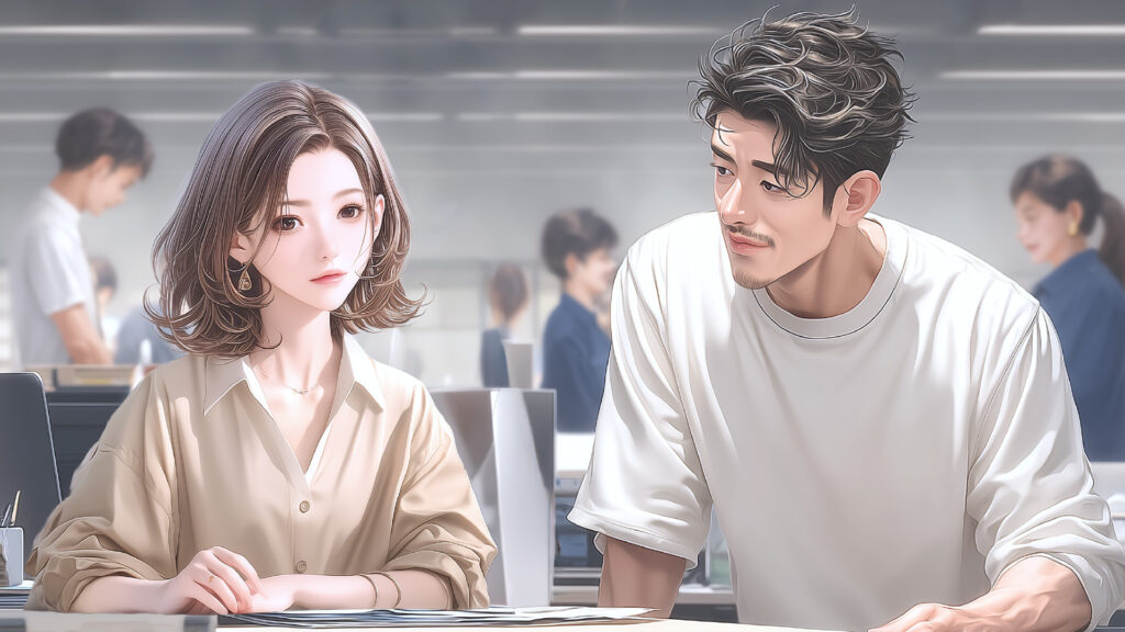 [Illustration 3: Yusuke speaking to Naomi at her desk]