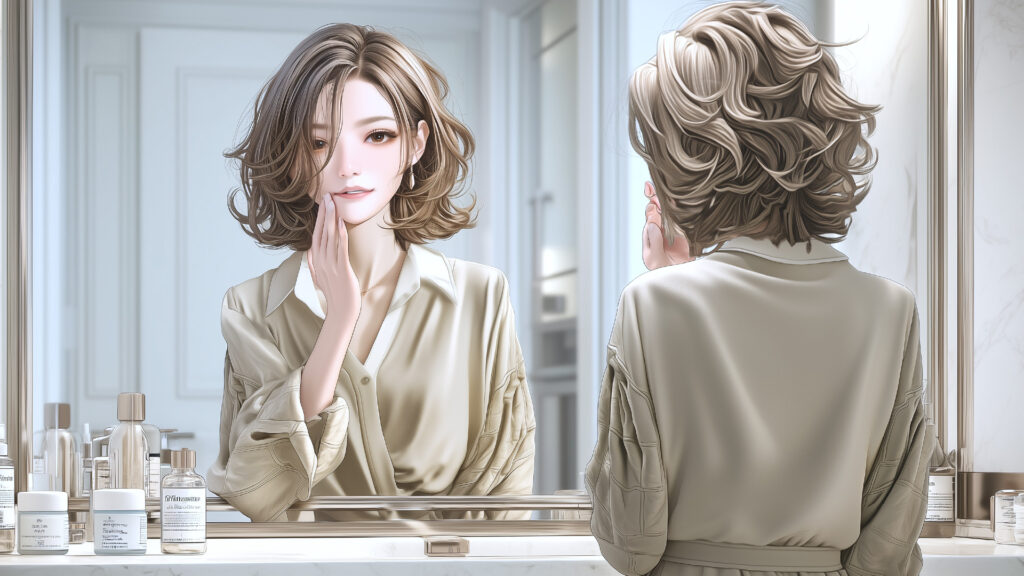 [Illustration 5: Naomi applying the loquat cream in front of the mirror]