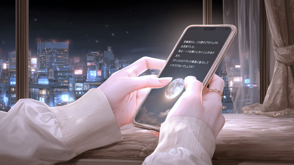 [Illustration 6: Naomi reading a message from Takano Kodama]