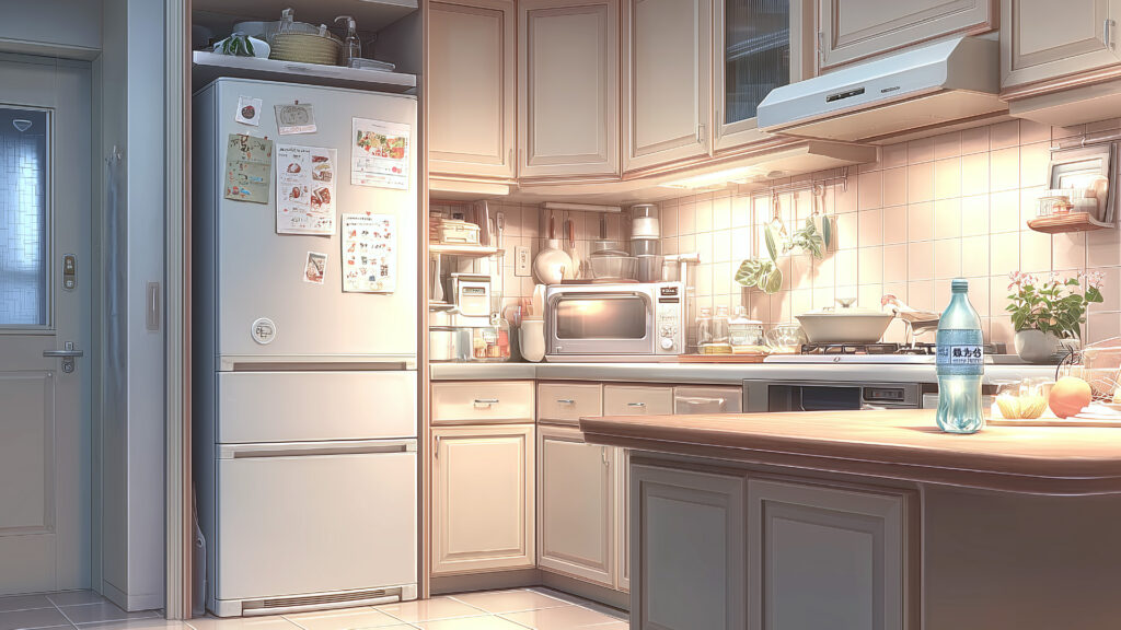 [Illustration 7: Naomi in her home kitchen, phone in hand]