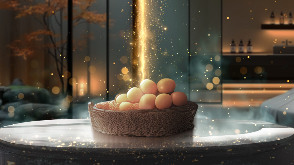 [Illustration 2: カゴ盛りのびわに光の筋通る]