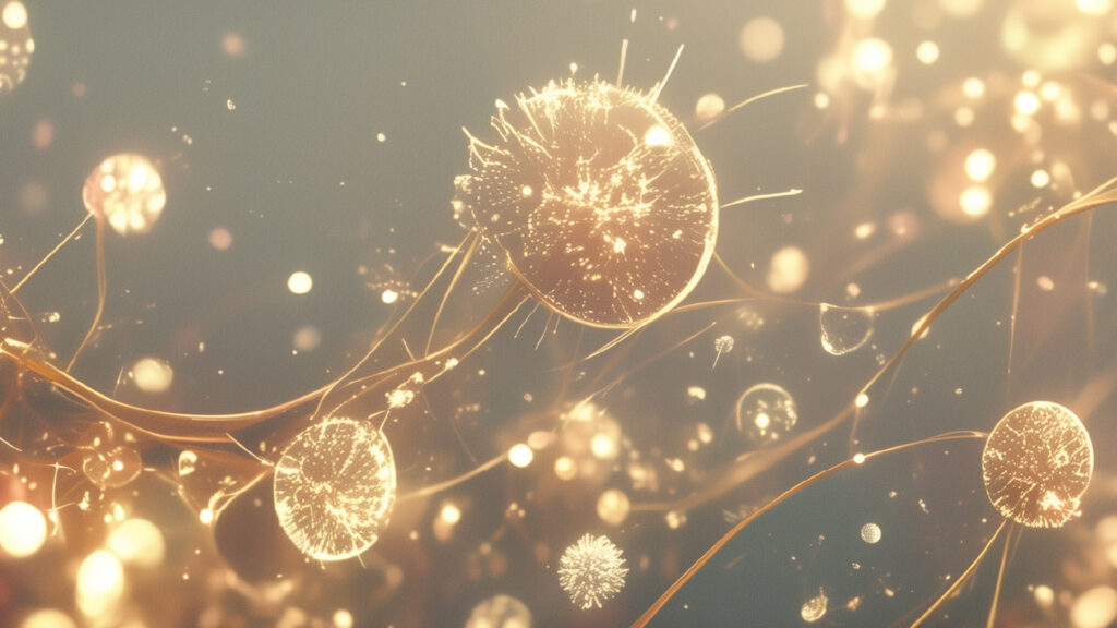 [Illustration 4: 肌の上の常在菌のイメージ-擬人化した可愛らしい生き物たちが光の玉をお互いにやりとりしている]