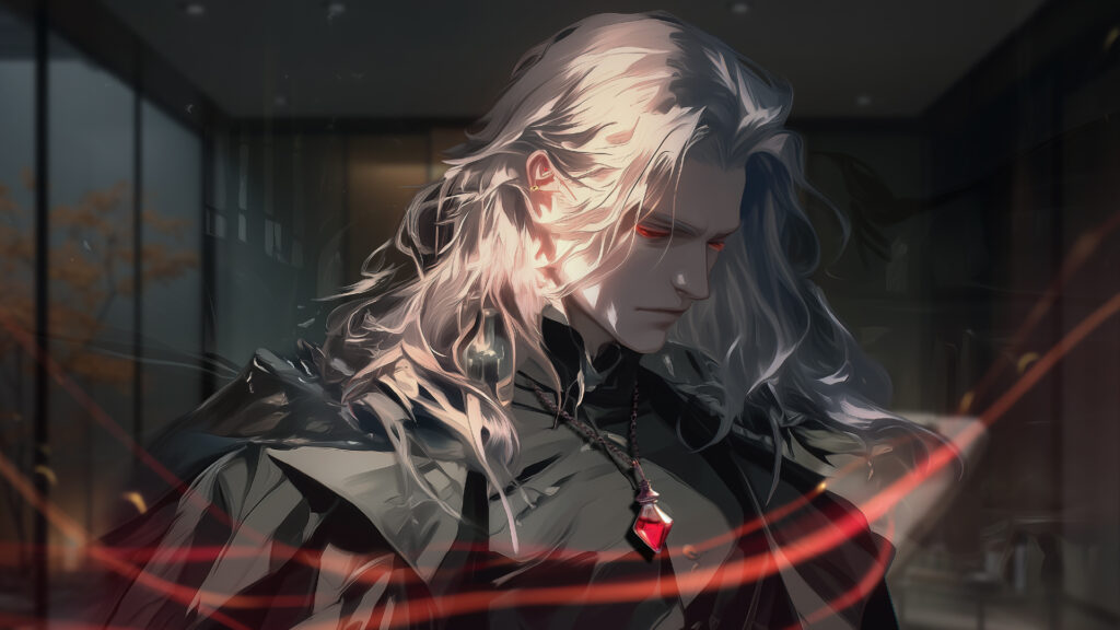 [Illustration 5:目を閉じて、精霊の存在を全身で感じている高埜木魂。異世界状態、瞳は赤く光り、胸元の止水にペンダントボトルも赤く光り出す]