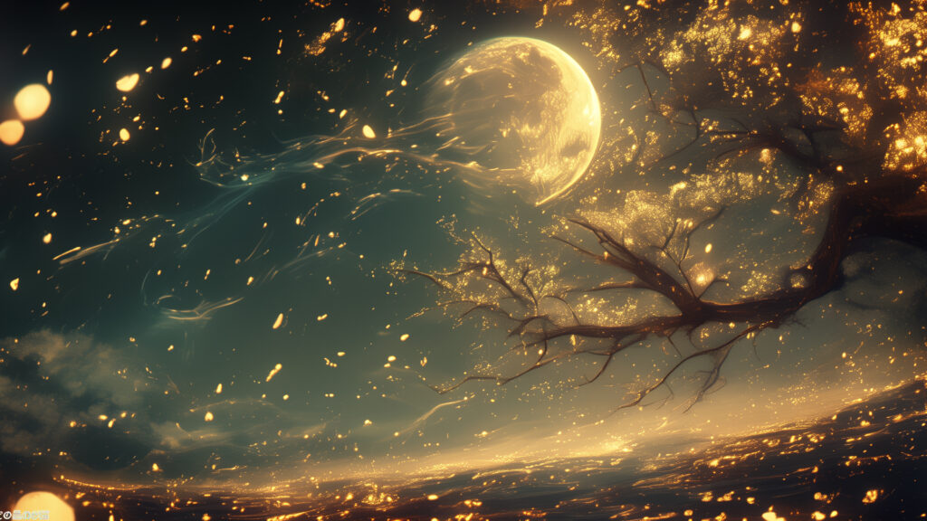 [Illustration 6: ビワの木と葉が炎に包まれる。淡い光が空へ登り、循環する]