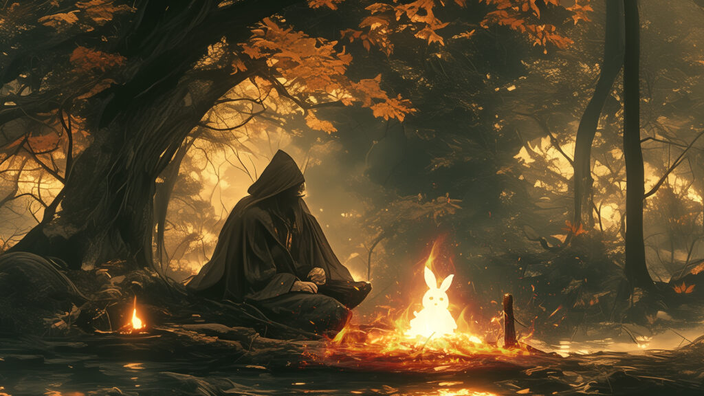 [Illustration 7: 旅人の前で、焚き火に飛び込むウサギ]