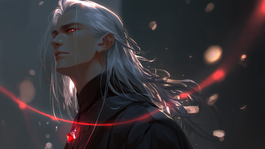 [Illustration 9: 宙に浮く光るビワの実を見上げる高埜木魂]