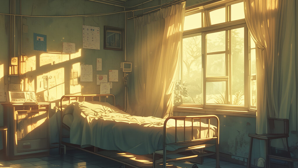 フィリピンの病室、午後の日差しが窓尾を通して斜めに差し込んでいる。