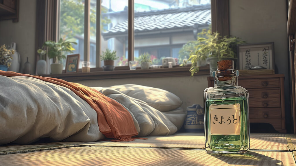 京都の和室の宿。古い畳と布団。エメラルドグリーンの小瓶が置いてある。