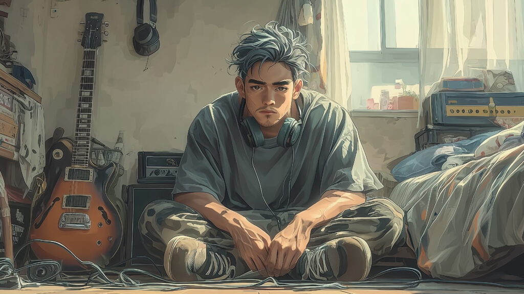 フィリピンの自分の部屋で座っているガビ。ギターや機材などが乱雑に置かれている。